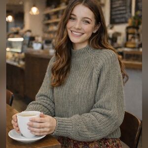 H&M Dusty Sage Green Rolled Neck and Hem Chunky Ribbed Knit Sweater, Size L